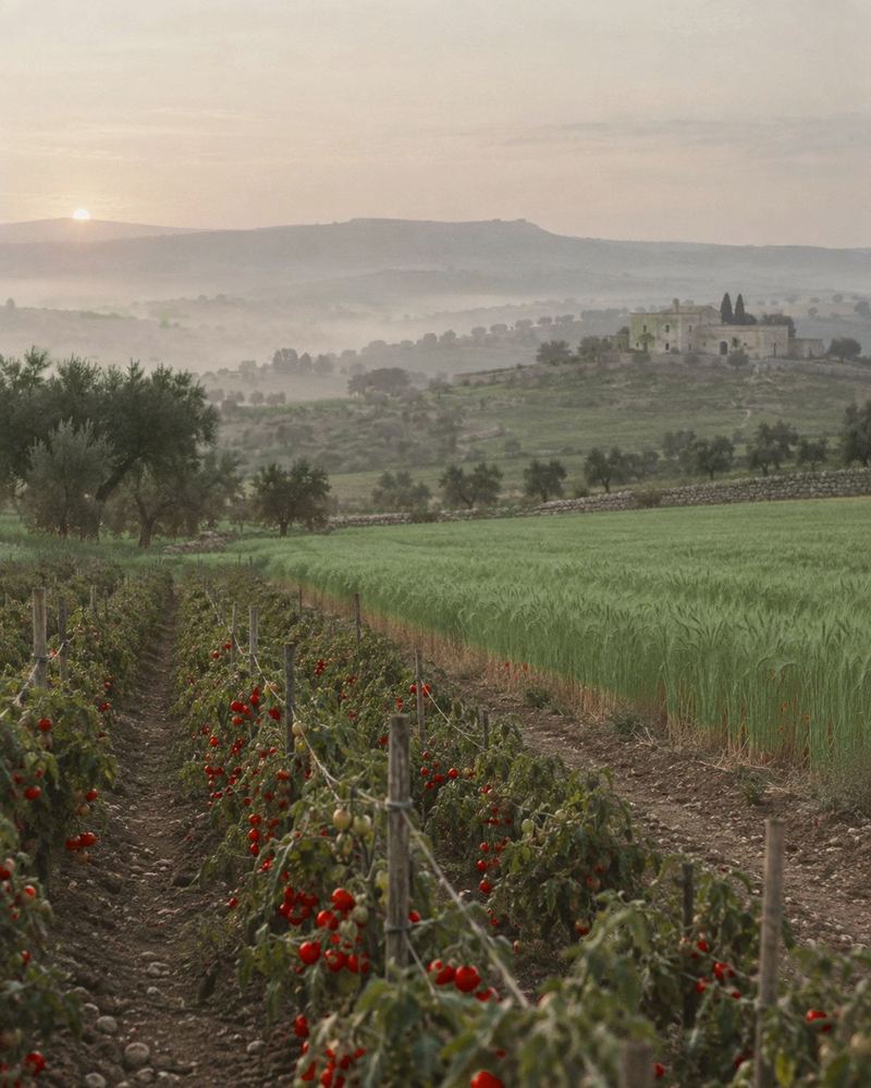Rows of tomato plants with ripe red tomatoes beside green fields in the southern Italian countryside at first light, a stone farmhouse in the distance