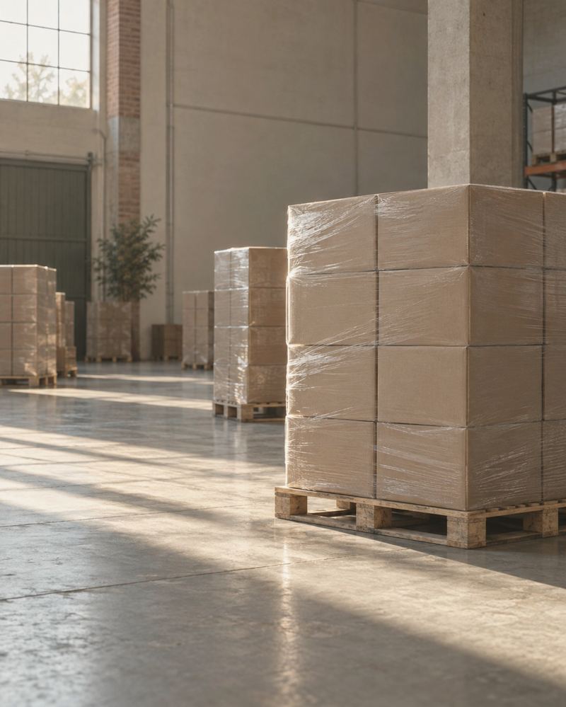 Wrapped pallets of plain cartons in a quiet warehouse, morning light across the floor