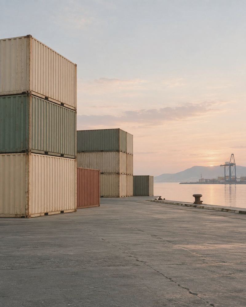 Plain shipping containers stacked on a quiet quay at dawn
