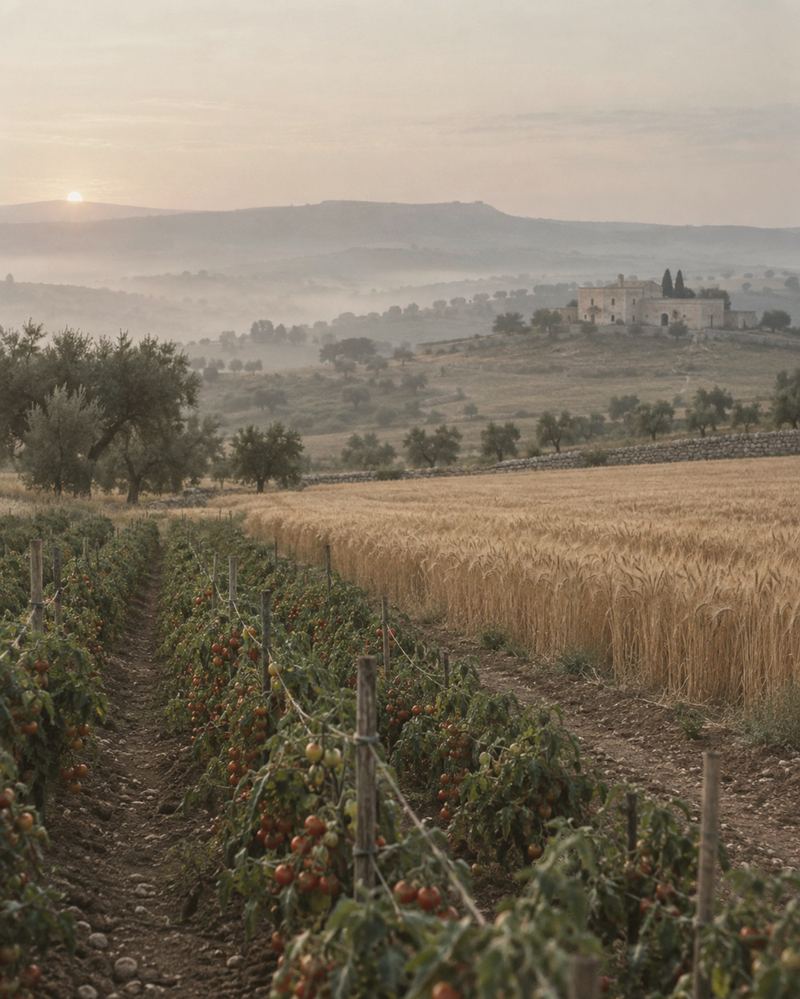 Tomato plants and ripe durum wheat in the southern Italian countryside at first light, a stone farmhouse in the distance