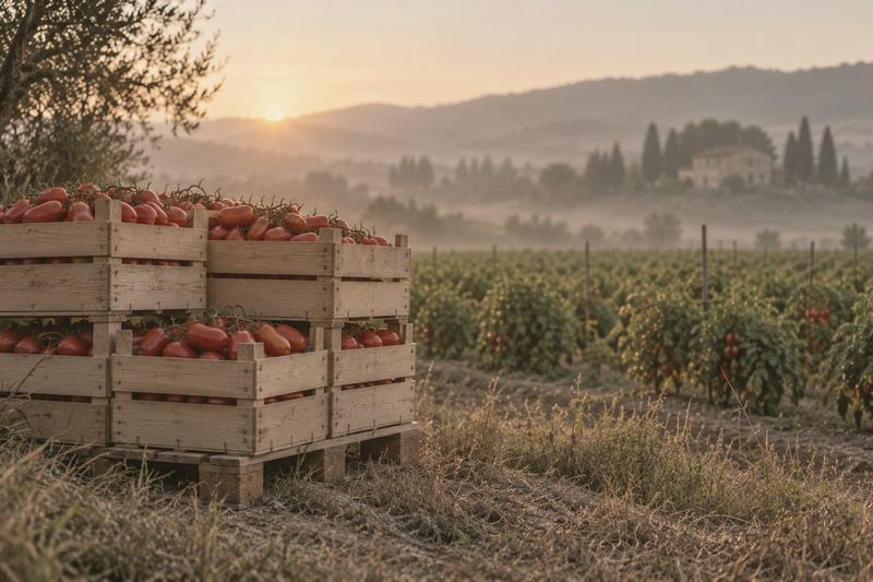Crates of ripe tomatoes at the edge of a tomato field, with a farmhouse and cypress trees behind, at dawn