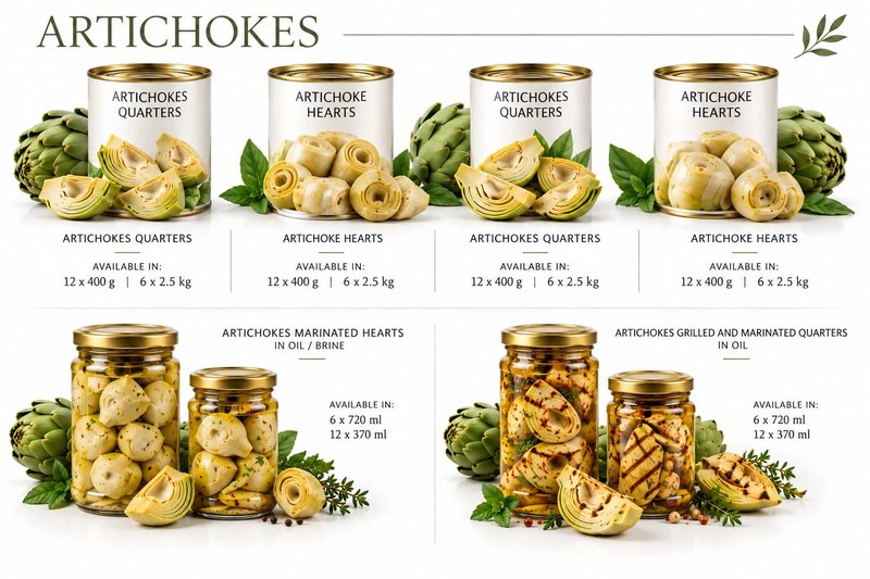 Our artichoke products: tins of artichoke quarters and hearts, and jars of marinated hearts and of grilled, marinated quarters, each with its pack sizes