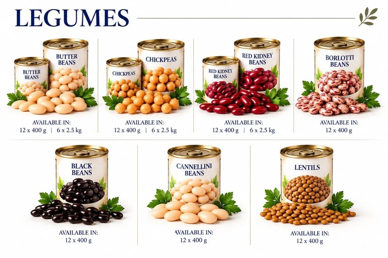 Our legumes: tins of butter beans, chickpeas and red kidney beans in two sizes, and of borlotti, black and cannellini beans and lentils, each with its pack sizes