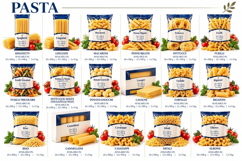 Our pasta: bags of spaghetti, linguine, macaroni, penne rigate, fettucce, fusilli, fusilli tricolore, fettucce nests, potato gnocchi, farfalle, rigatoni, riso, cavatappi, ditali and elbows, and boxes of lasagne and cannelloni, each with its pack sizes