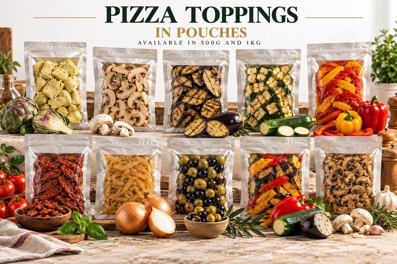 Our pizza toppings: ten pouches of prepared vegetables and olives