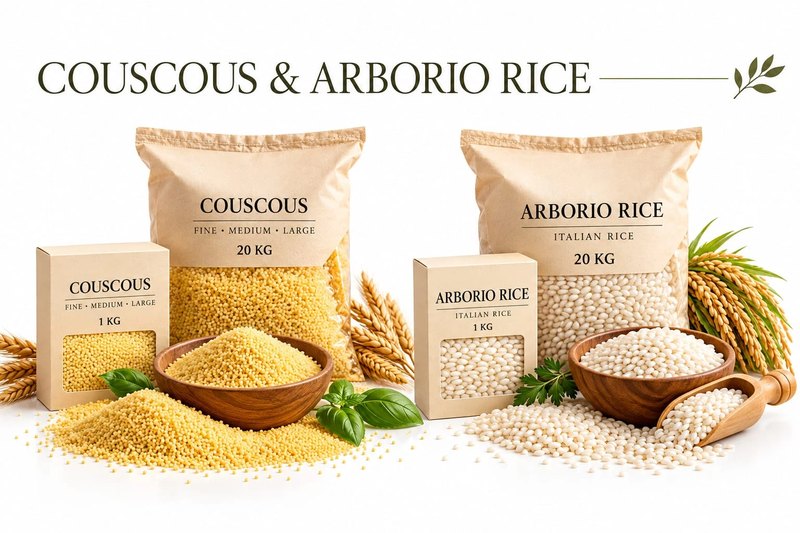Our couscous and Arborio rice: a 1 kg box and a 20 kg sack of each