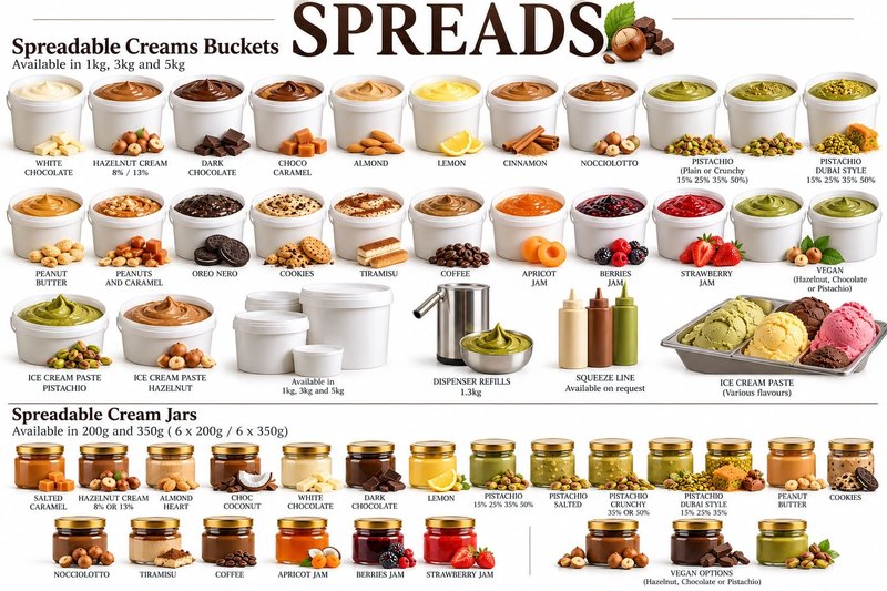 Our spreads: buckets and jars of spreadable creams, from white chocolate, hazelnut and pistachio to jams, with dispenser refills, squeeze bottles and ice cream paste