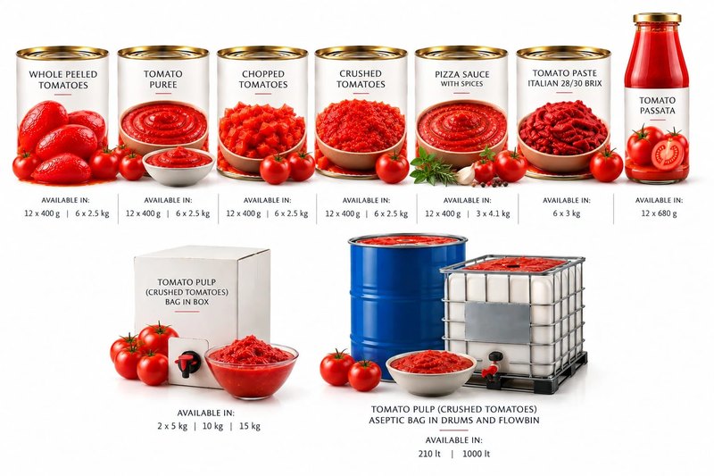 Our tomato products: tins of whole peeled, puree, chopped and crushed tomatoes, pizza sauce and tomato paste, a bottle of passata, and tomato pulp in a bag in box, a drum and a flowbin, each with its pack sizes