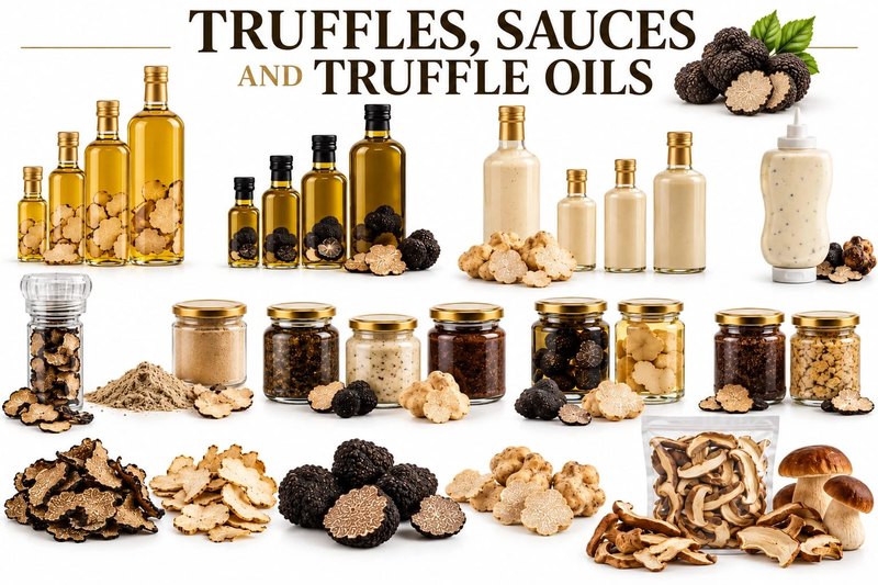 Our truffles, sauces and truffle oils: bottles of oil with truffle slices, bottles of sauce, jars, a grinder, whole and sliced dark and pale truffles, and dried mushrooms
