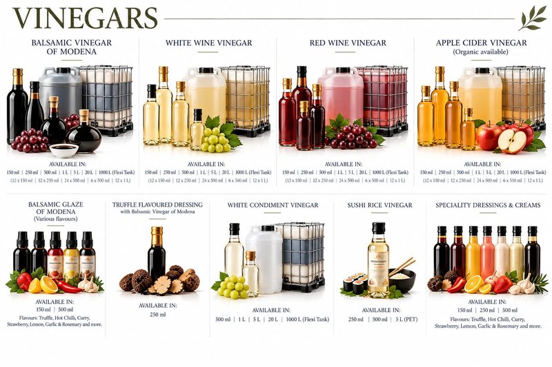 Our vinegars: balsamic vinegar of Modena, white wine, red wine and apple cider vinegar in bottles, plastic canisters and flexi tanks, and balsamic glaze, truffle dressing, white condiment vinegar, sushi rice vinegar and speciality dressings, each with its pack sizes